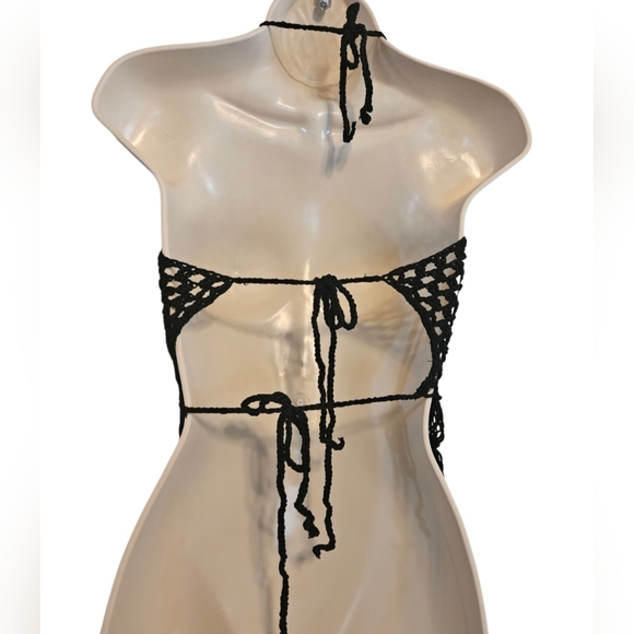 Crochet Swim Cover Up Black Open Back Fringe Boho Crop Top - Picture 10 of 16